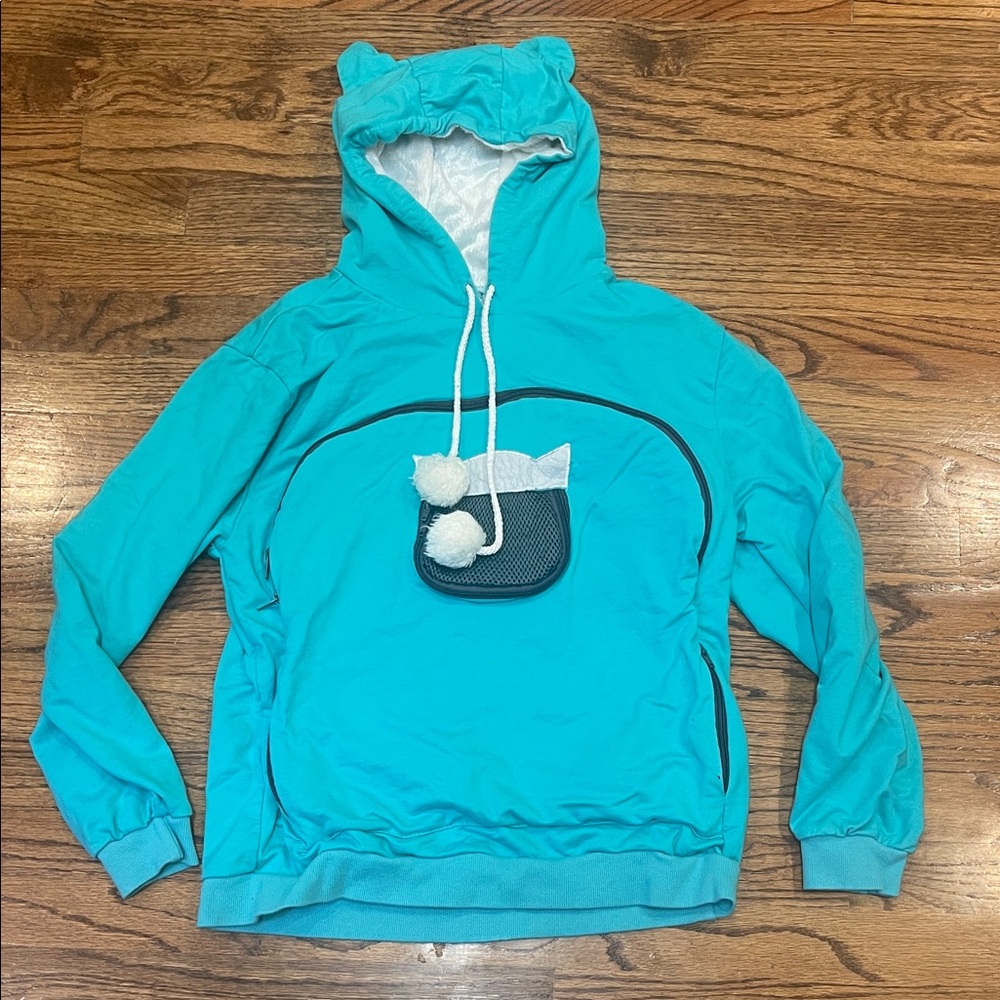 Pet carrier sweatshirt, hoodie, turquoise women, size large